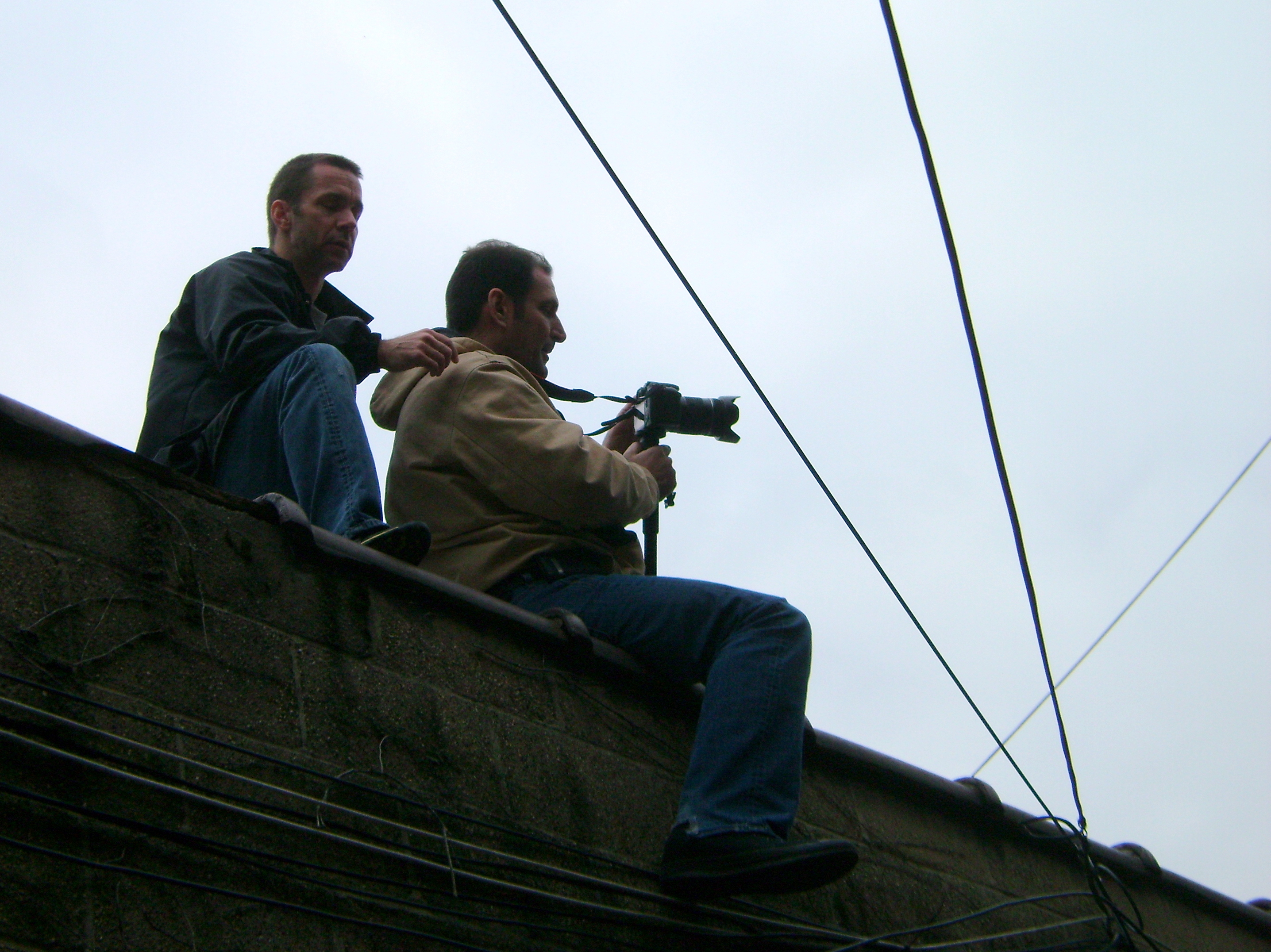 Lawrence Greenberg shooting Amazon Studios/ADP Films 'The Velvet Elvis' with Jon Nichols providing rooftop safety.