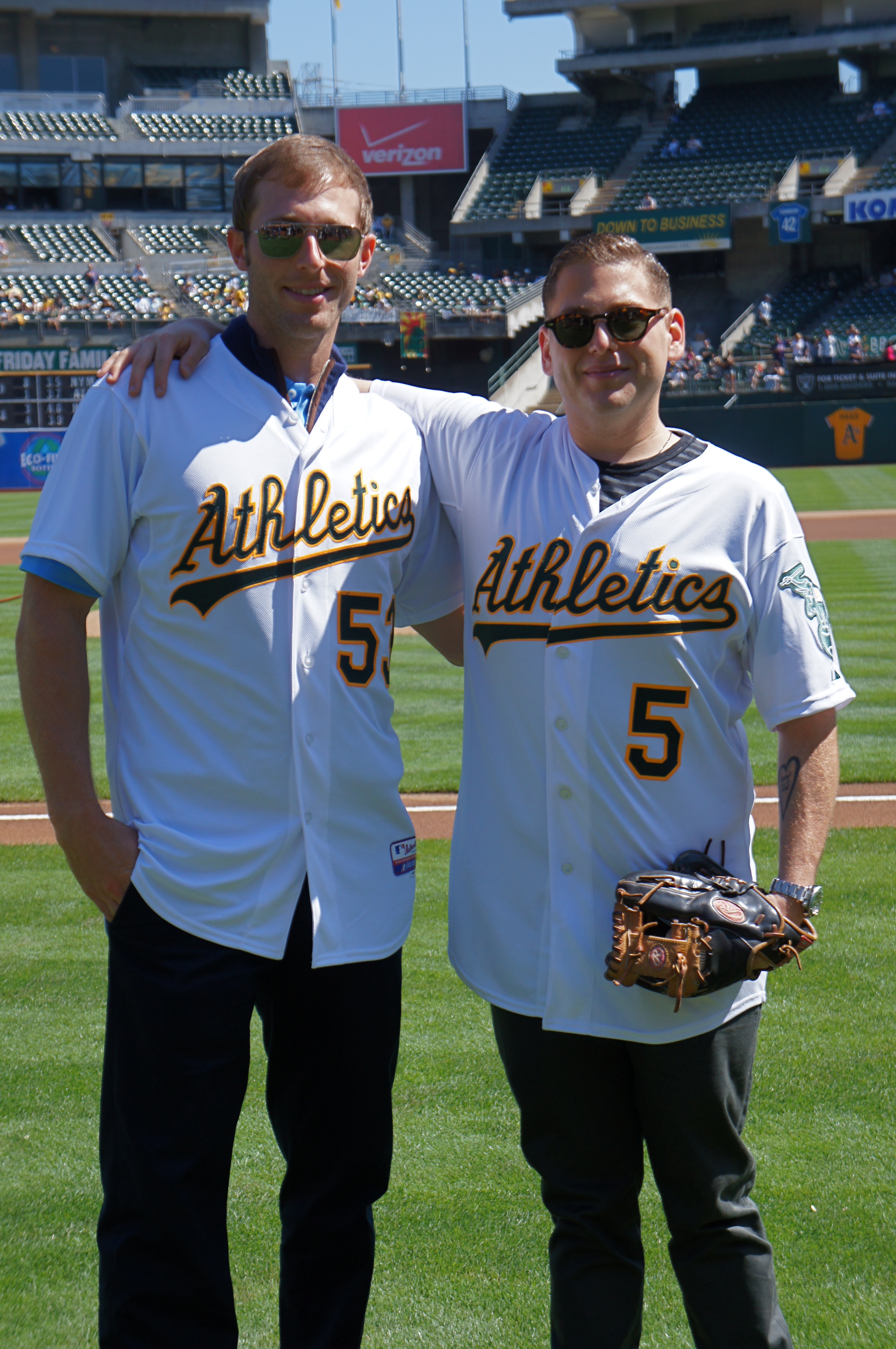 Casey Bond and Jonah Hill First Pitch in Oakland, CA