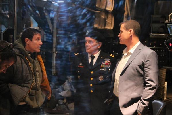 Robert Reynolds as General Callahan on set with Director Mitch Gould (left) and Michael Paré (right)