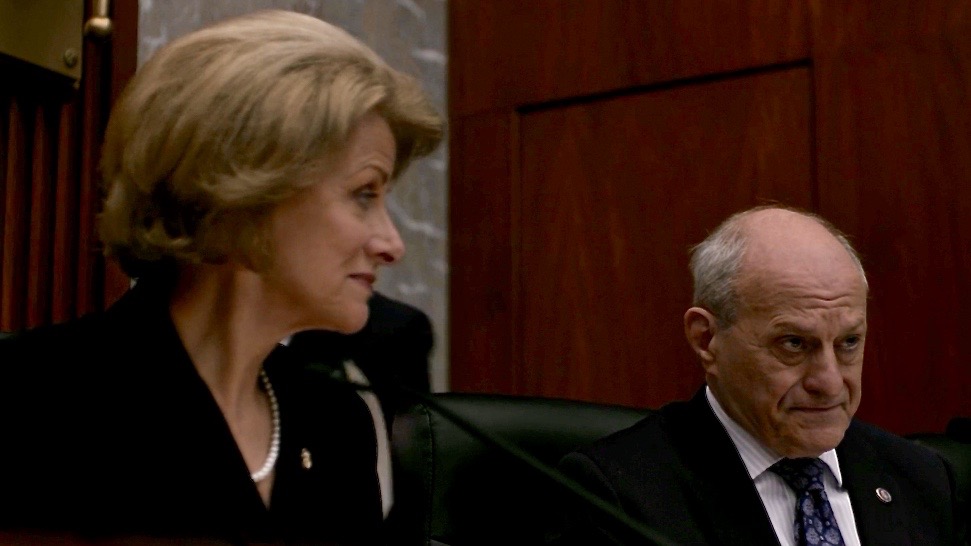 Kathryn Browning as Senator Ann Wallace of North Dakota in House of Cards, with actor David Little, 2015