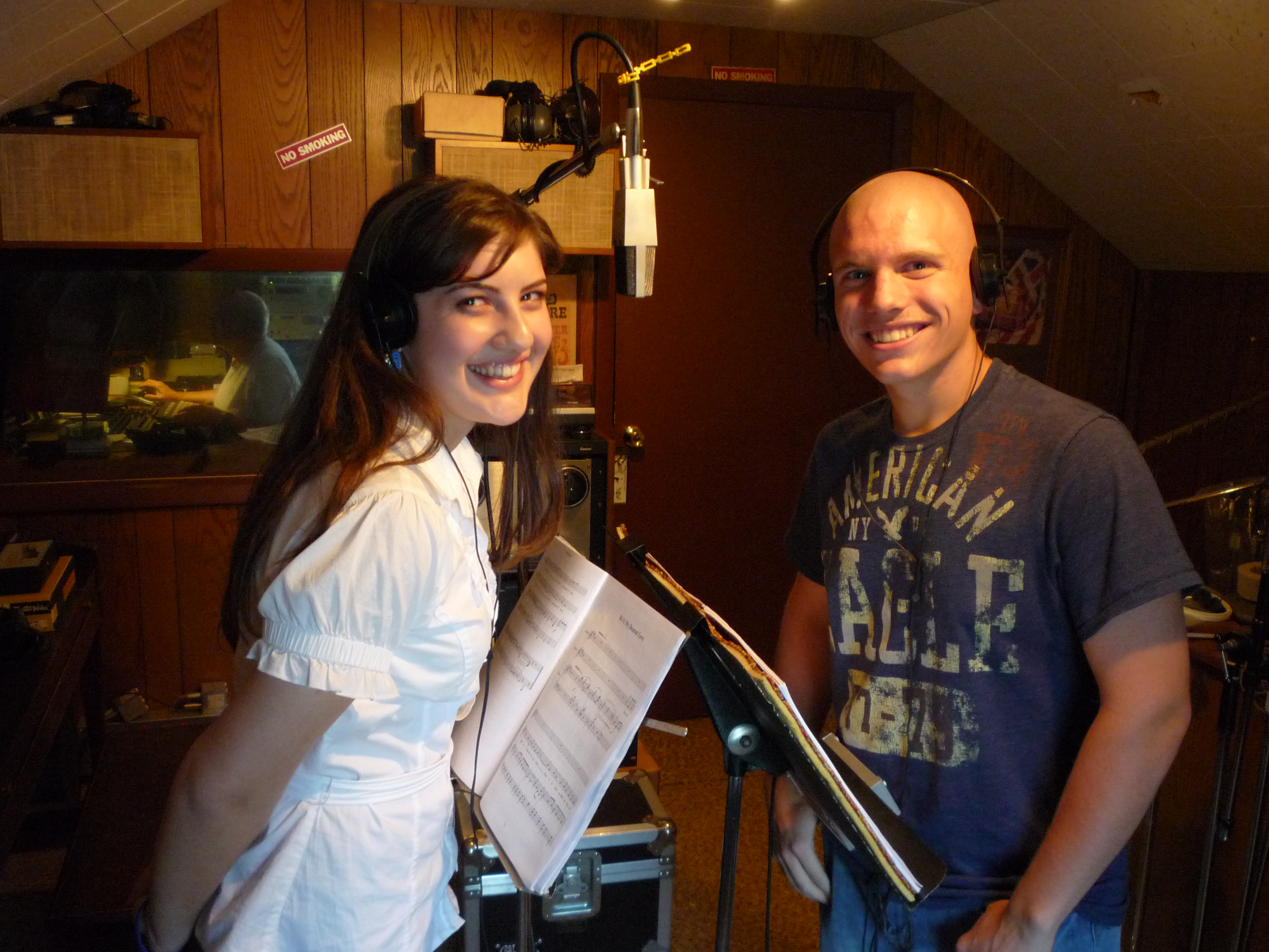 Mary Rose Maher and Richard Palmer in the studio singing a duet for the The Heritance musical soundtrack.