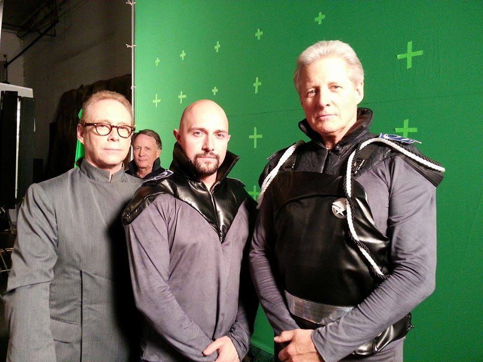 Director and actor Adam Sonnet with actor Bill Mumy and actor Bruce Boxleitner on the set of Space Command: Redemption.