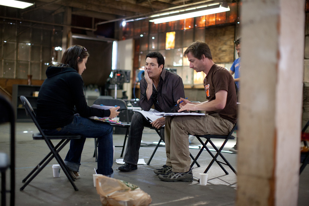 Writer/Director Daniel R. Chavez, DP Morgan Schmidt and Script Supervisor review closing shots.