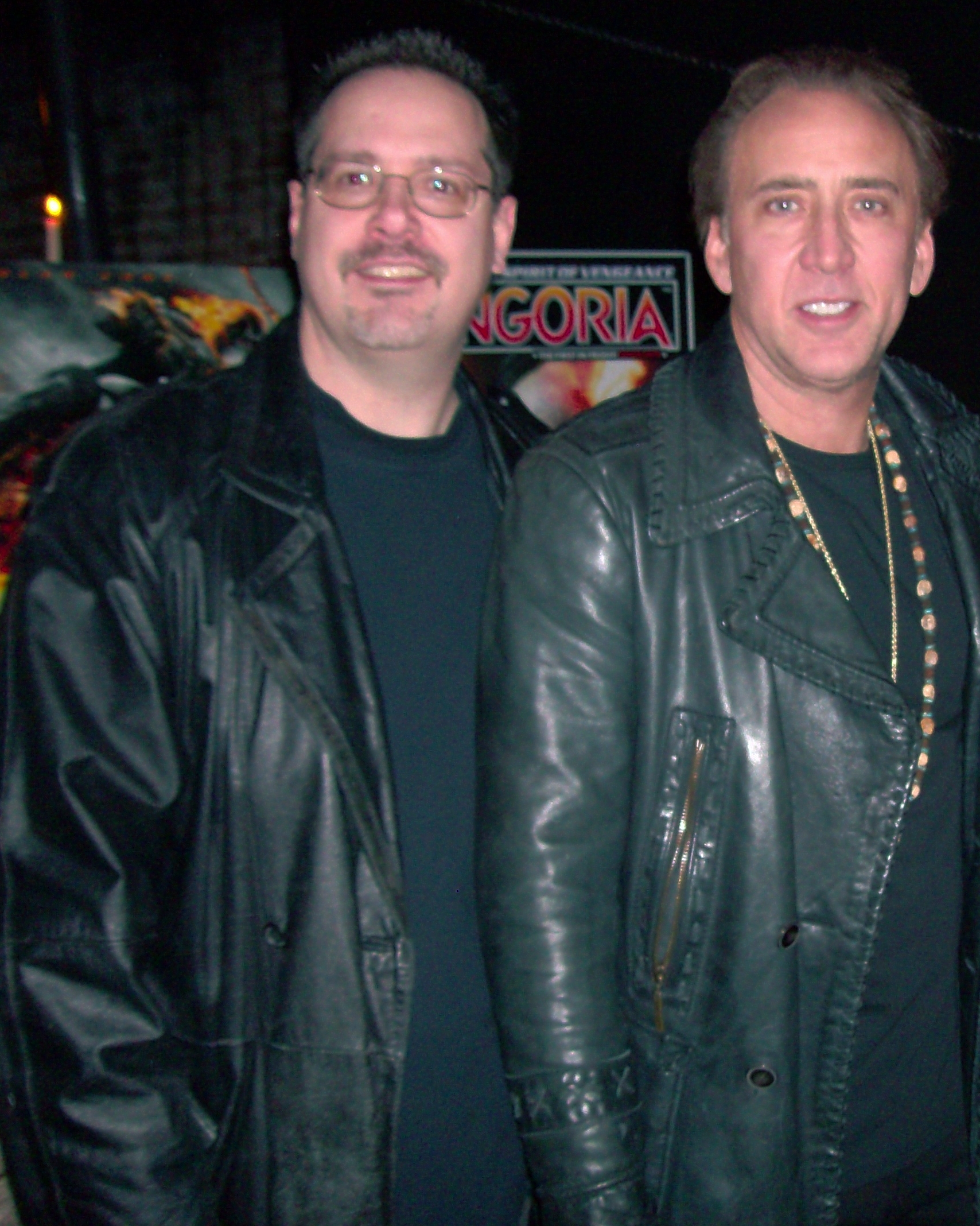 Glen Baisley and Nicolas Cage at the Ghost Rider: Spirit of Vengeance VIP party hosted by Fangoria Magazine.