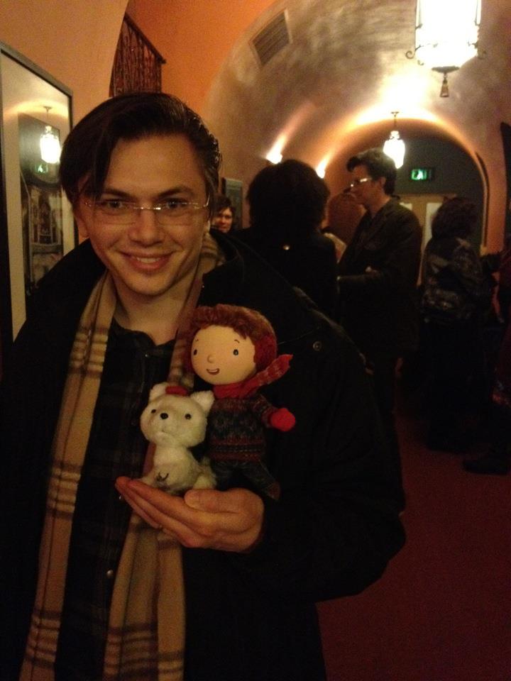 Charles-Henri Avelange with the original puppets of character Andrew and Jingle the Husky Pup