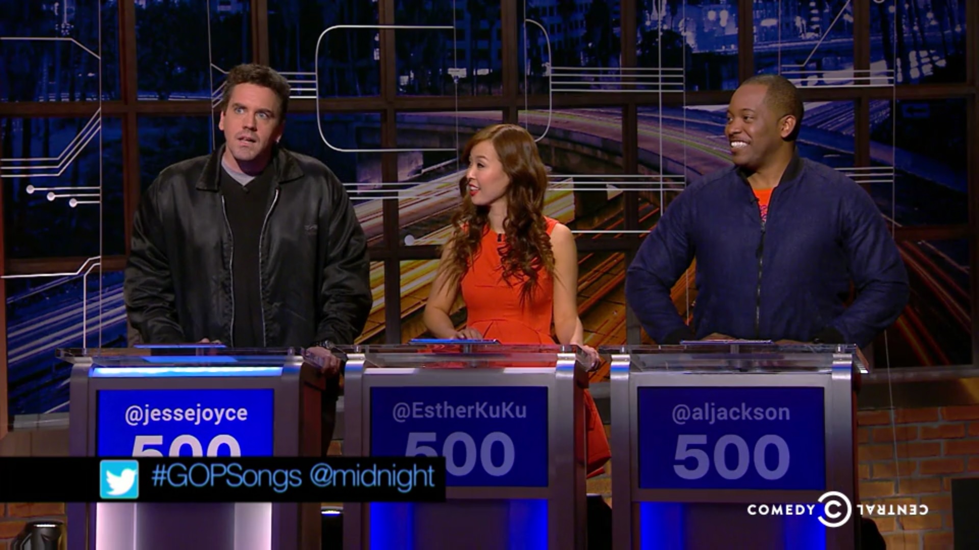 Jesse Joyce, Esther Ku and Al Jackson on @midnight with Chris Hardwick on Comedy Central.