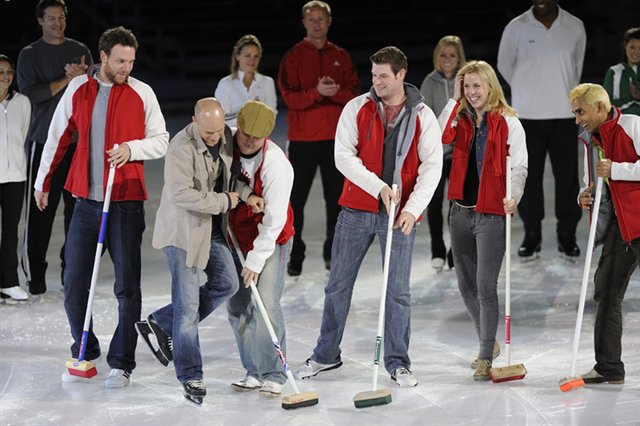 Brendan Gall, Joel Keller, William Vaughan, Siobhan Murphy, and Anand Rajaram of CBC's Men With Brooms tangle with Kurt Browning of CBC's Battle of the Blades.
