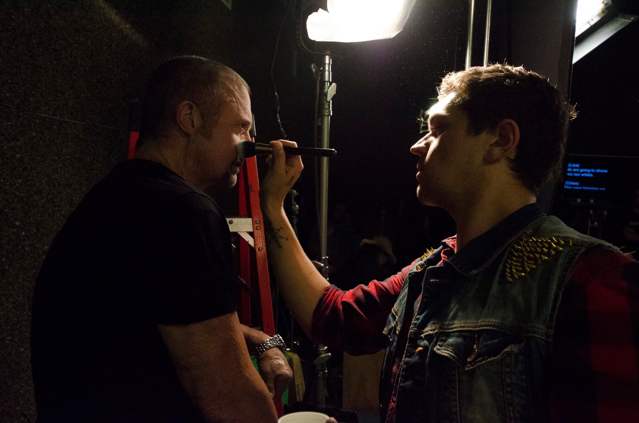 Drew Talbot on set of Nightmares with actor Kane Hodder