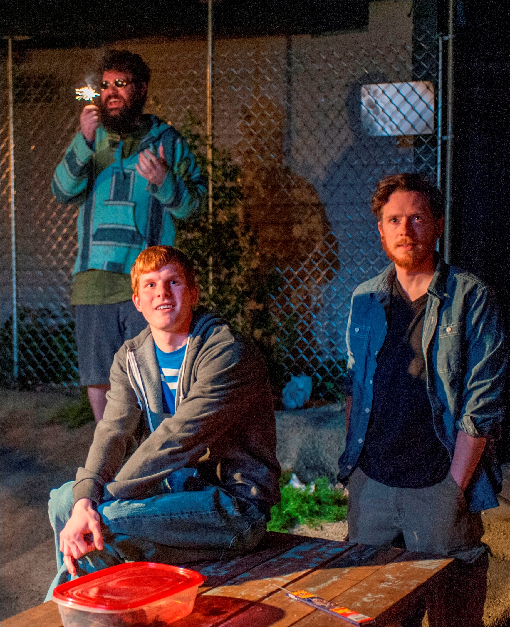 Brad Akin, Michael D. Finley, and Steve Haggard in A Red Orchid Theatre's production of The Aliens (2013), directed by Shade Murray