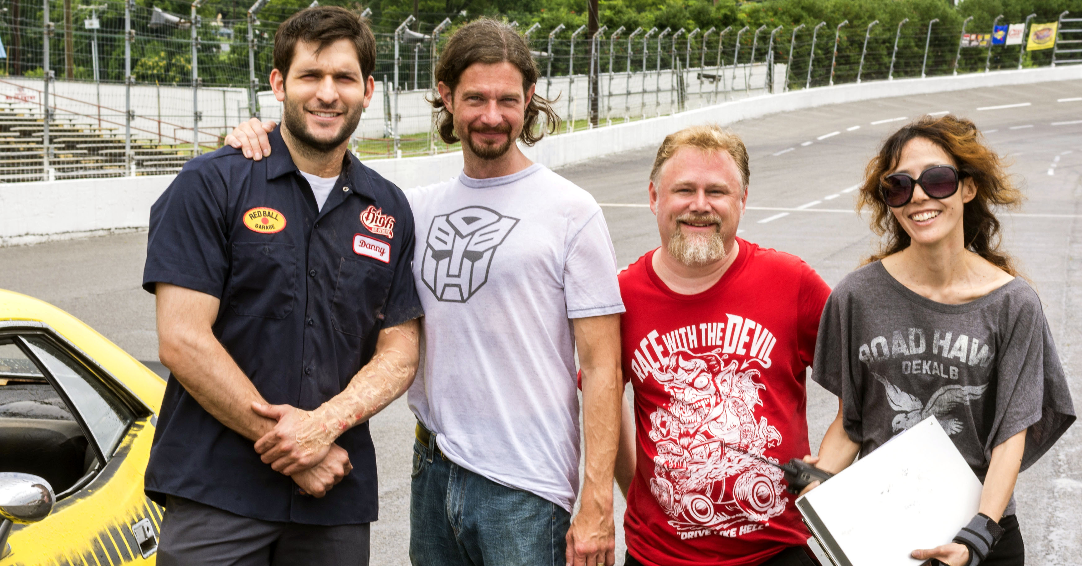 Race With The Devil, on location, Nashville Speedway. L to R: James Fuertes, Scott Crain, Glen Grefe, Bonny Mal