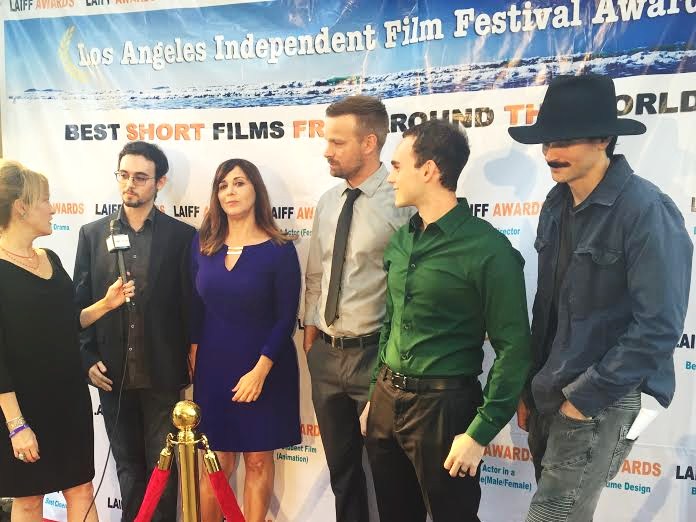 Ansel Faraj, Maggie Wagner, Nathan Wilson, Max Landwirth, and Eric Gorlow on the Red Carpet for THE LAST CASE OF AUGUST T. HARRISON at the August 2015 Los Angeles Independent Film Festival Awards.