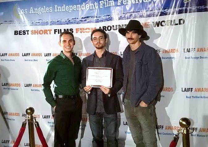 Max Landwirth, Ansel Faraj, and Eric Gorlow - accepting Best Ensemble Cast for THE LAST CASE OF AUGUST T. HARRISON at the August 2015 Los Angeles Independent Film Festival Awards.