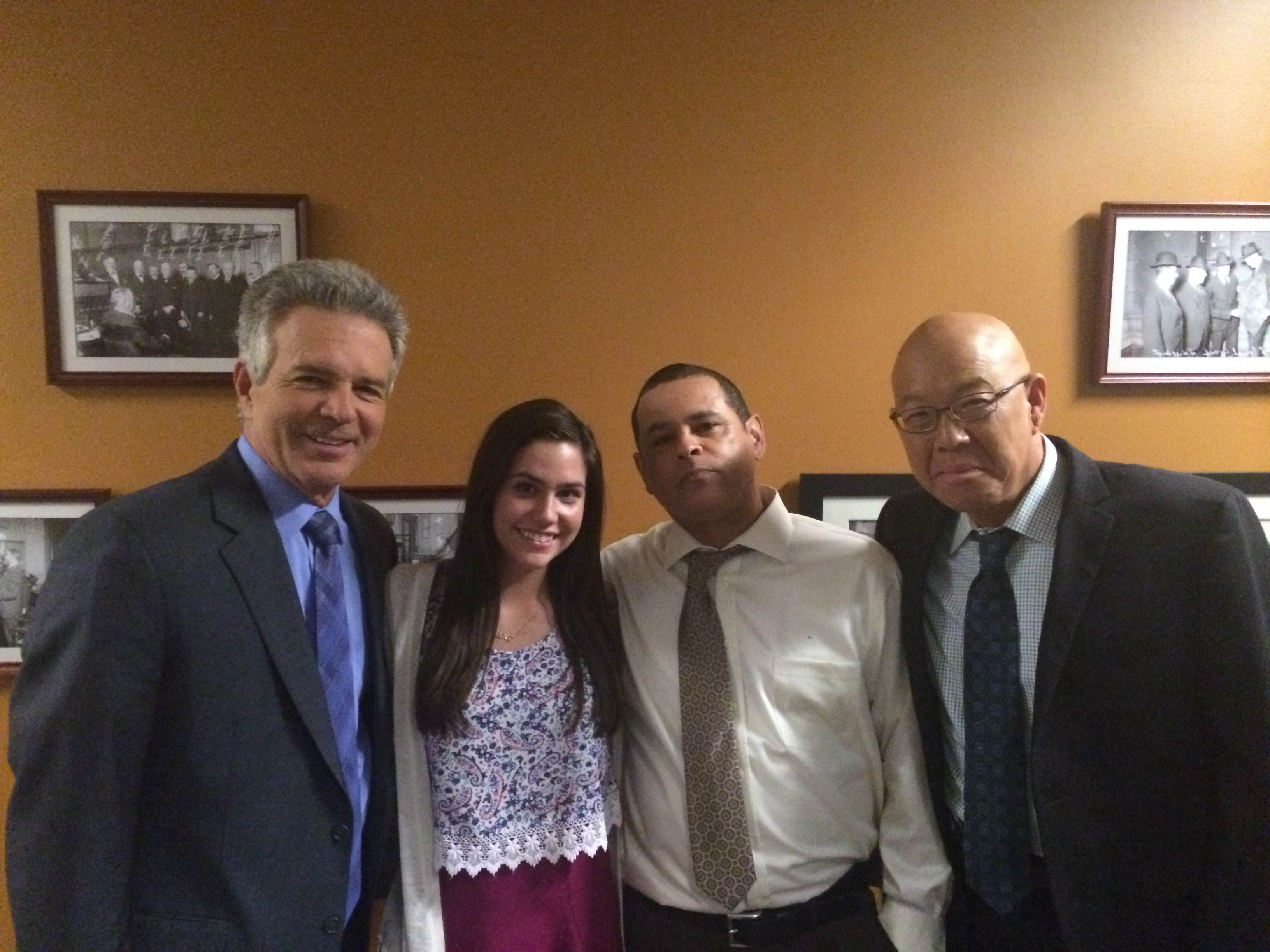 Tony Denison, Savannah Lathem, Raymond Cruz, & Michael Paul Chan on set of Major Crimes 