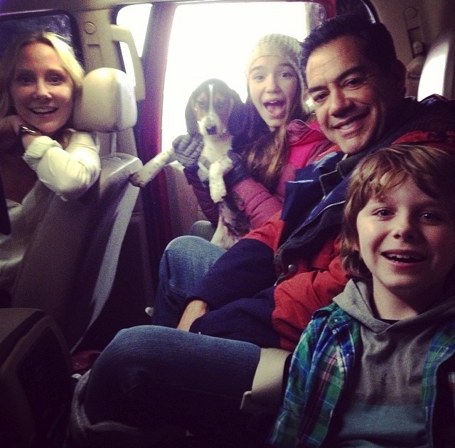 Griffin Kane with Anne Heche, Alissa Skovbye and Carlos Gomez on the set of One Christmas Eve, 2014.