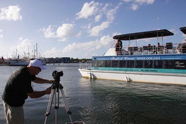 Shooting a scene of the Seafood Cruise boat, Mooloolaba, on the film Just Like U.