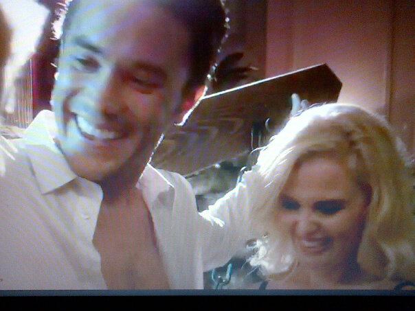 laughing on the set of Excuse Me For Living with Dawn Sobolewski as Daisy and Tom Pelphrey as Dan Toppler.