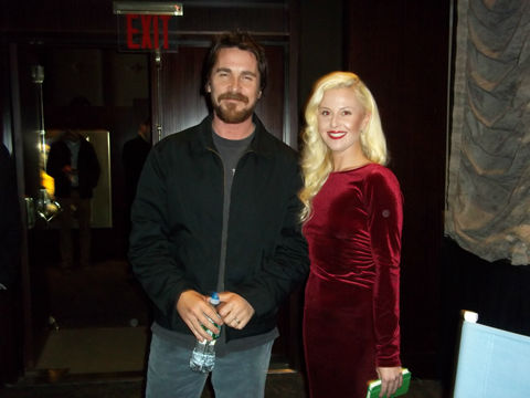 Dawn with actor Christian Bale interviewing him as a SAG Nomination Committee Board Member at a NYC Screening of 