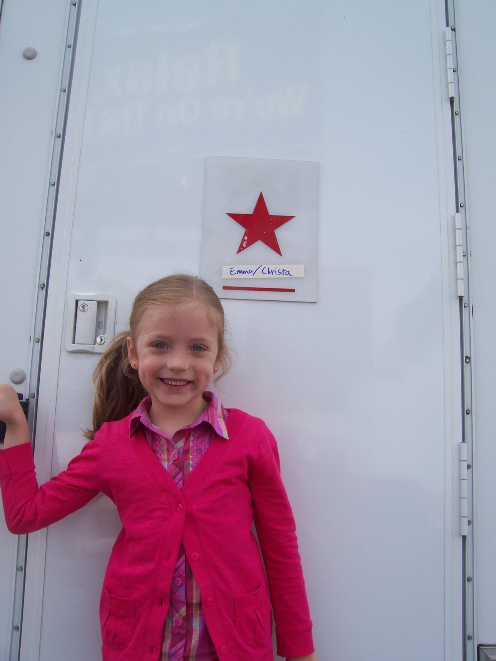 Christa Beth Campbell in front of her trailer on the set of Hall Pass.