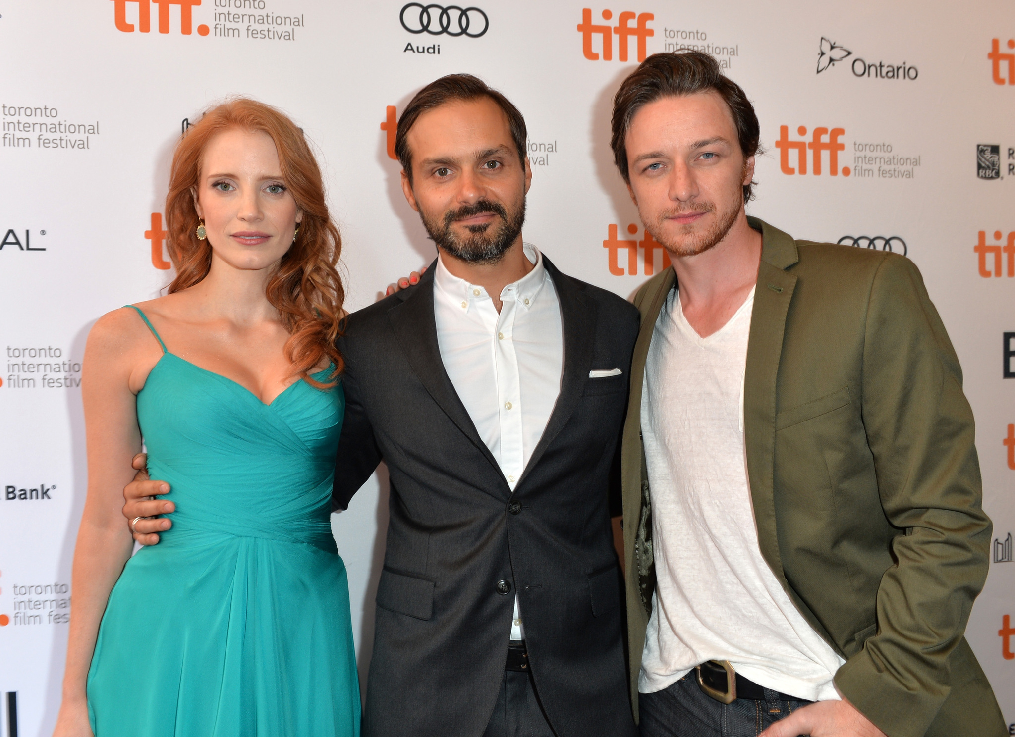 Ned Benson, James McAvoy and Jessica Chastain at event of The Disappearance of Eleanor Rigby: Him (2013)