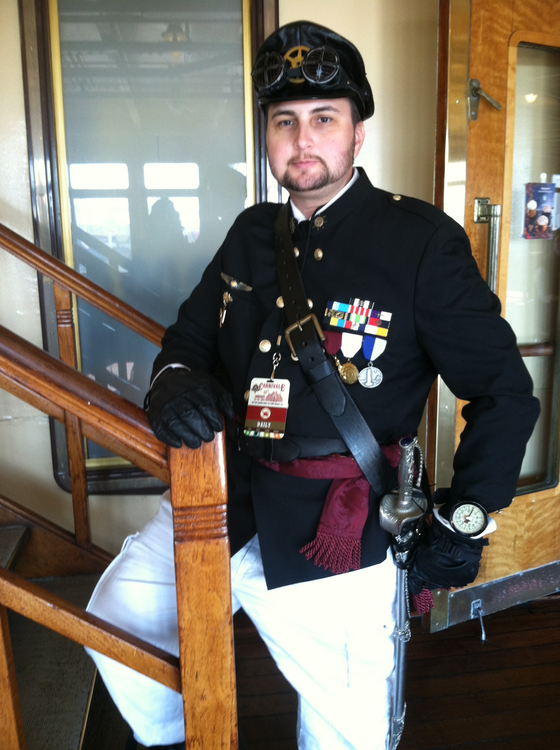 Valiant as a Sea/Airship Steampunk Captain for the Steampunk Symposium 2015 on board the Queen Mary ship in Long Beach, CA (January 2015). All medals and uniform are completely fictional and for Steampunk cosplay only.