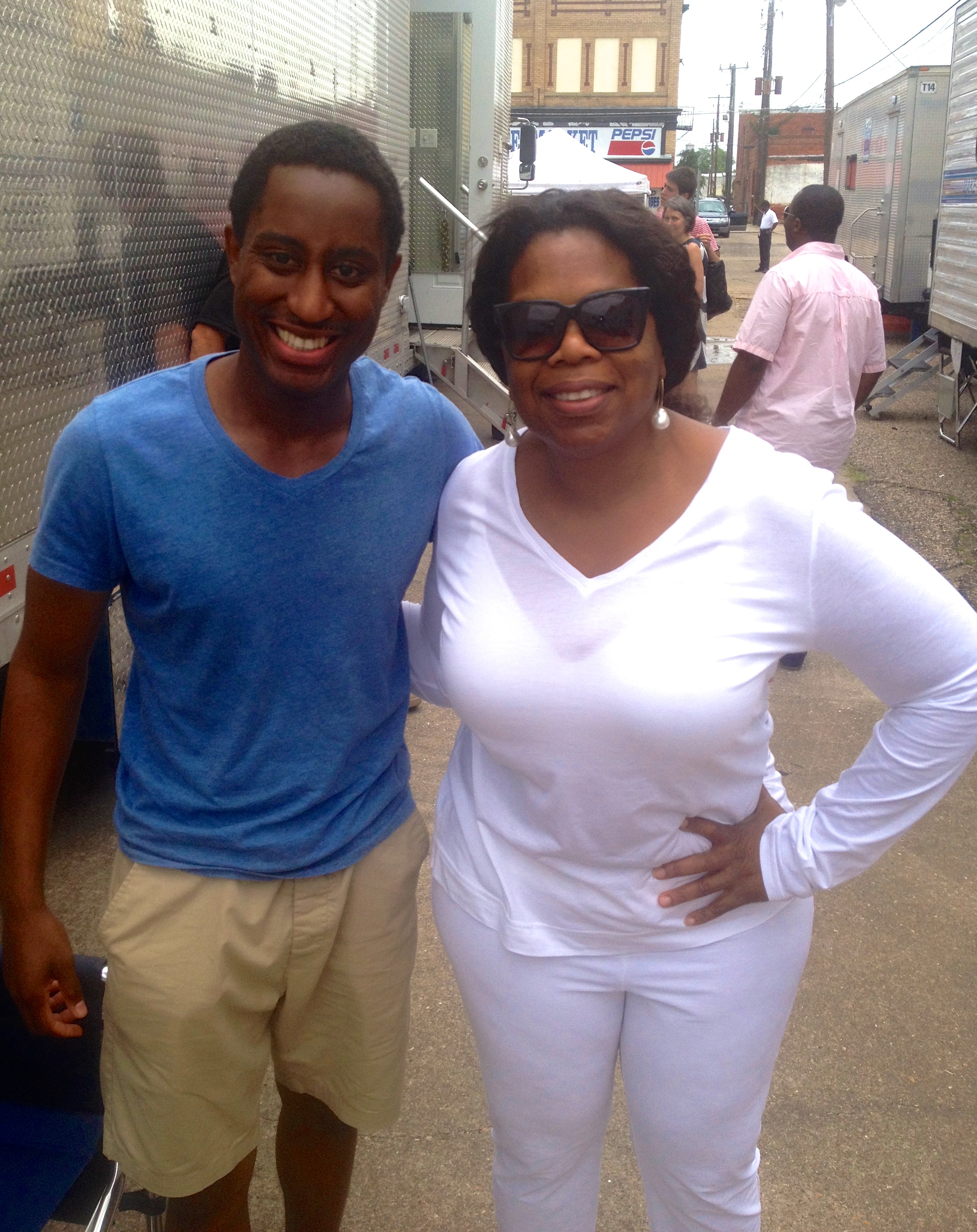 Montrel Miller and Oprah on the set of Selma