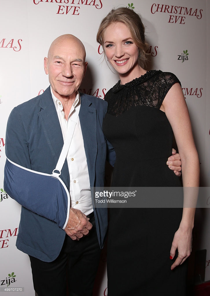 Patrick Stewart and Jaclyn Hales posing on red carpet for world premier of 