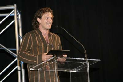 Accepting award at 2005 God on Film Festival in NYC for directing Tin Man.