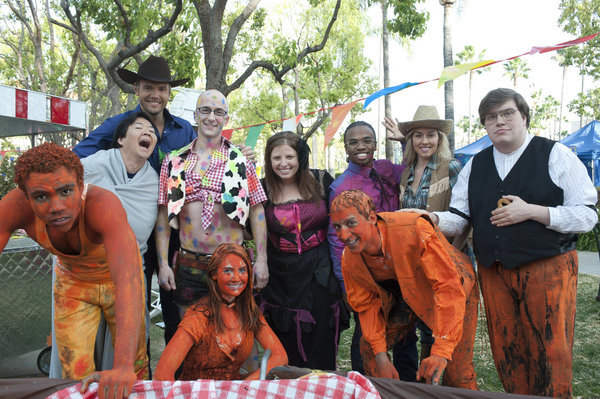 Still of Ken Jeong, Joel McHale, Jim Rash, Luke Youngblood, Alison Brie, Marcy McCusker, Danny Pudi, Donald Glover, Dean Pelton, Danielle Kaplowitz and Erik Charles in Community (2009)