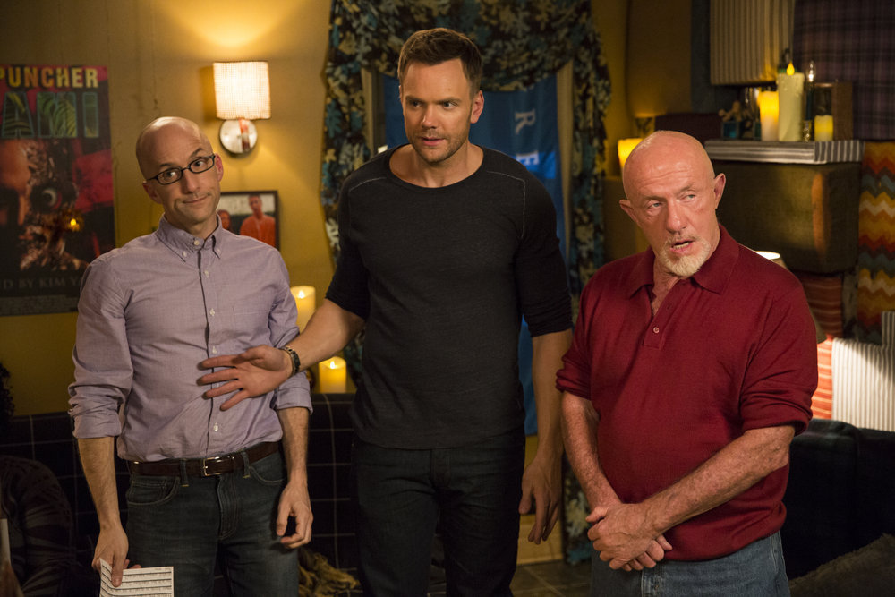 Still of Jonathan Banks, Joel McHale and Jim Rash in Community (2009)