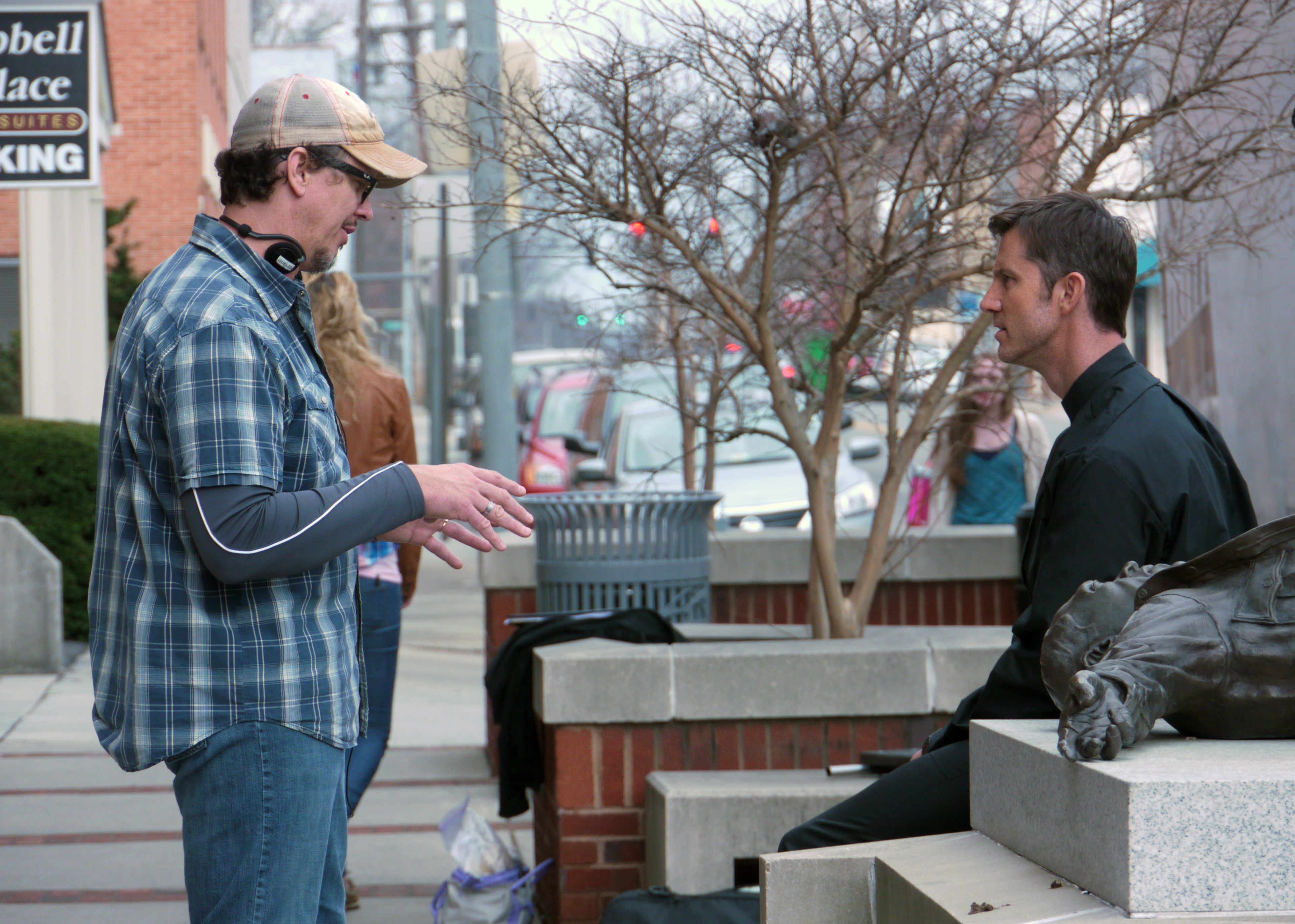 Marc A. Hutchins and Chris Cleveland on the set of Crossing Streets (2014)