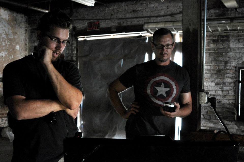 Director Justin Rossbacher (left) observes video village with DP Marc Hutchins (right) on the set of Finding Faith.