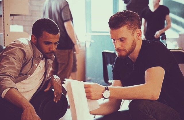 Nigel Edwards and Jarod Joseph working through a scene on the set of Coded.