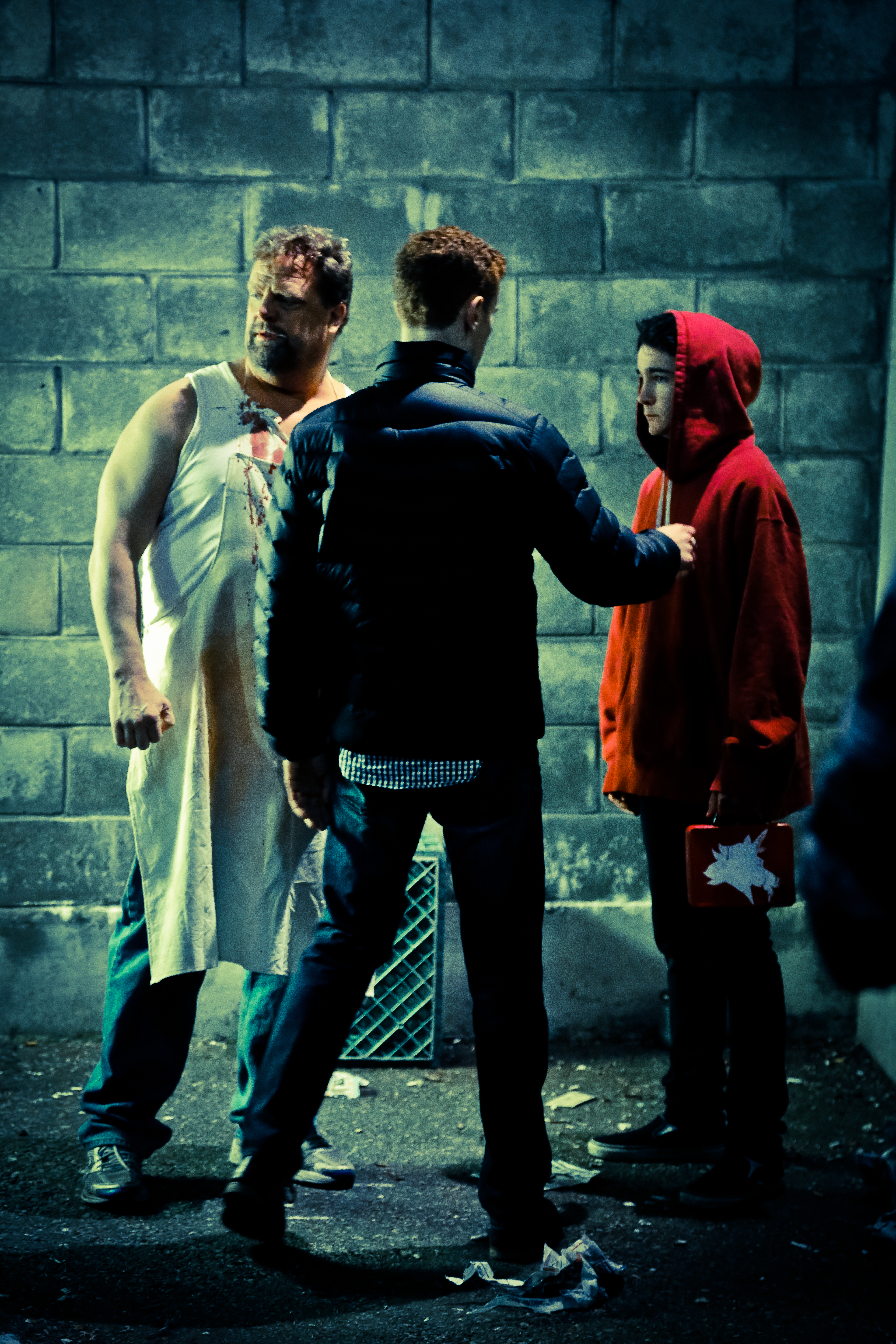 Nigel Edwards blocking a scene with Christian Bower and Jake Guy in KRAVE.