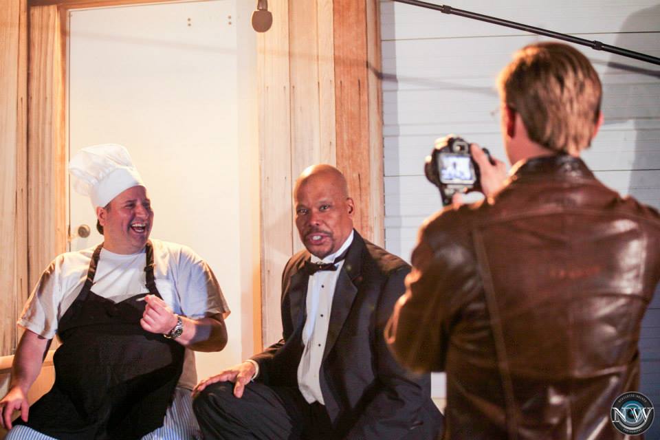 Actor JOE JAFO CARRIERE as Terrance The Chef with Chace Carson as DJ Stan and AD/Producer Mike Calvin for DJ STAN DA MAN on Set Location South Shore MA