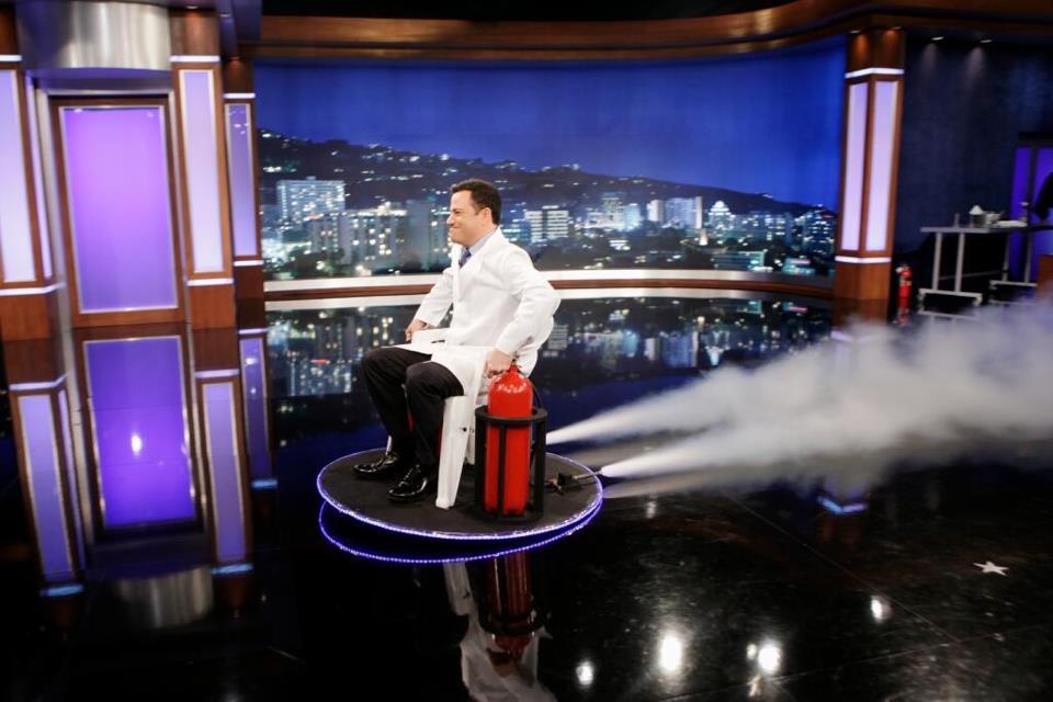 Jimmy Kimmel discovers air resistance with Science Bob by riding his own leaf blower powered hovercraft.