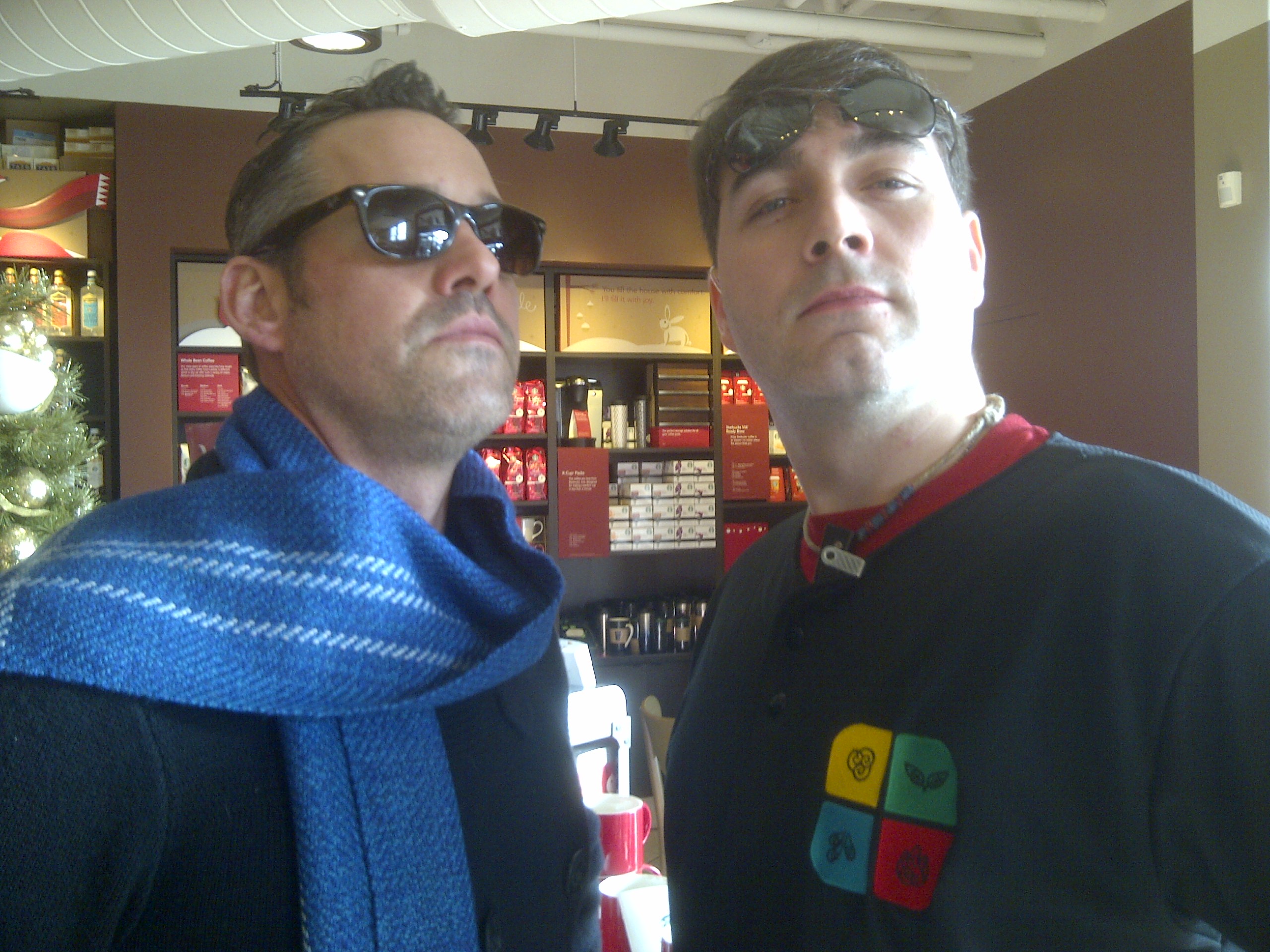 Nicholas Brendon and Thomas Gofton ordering espresso at Starbucks.