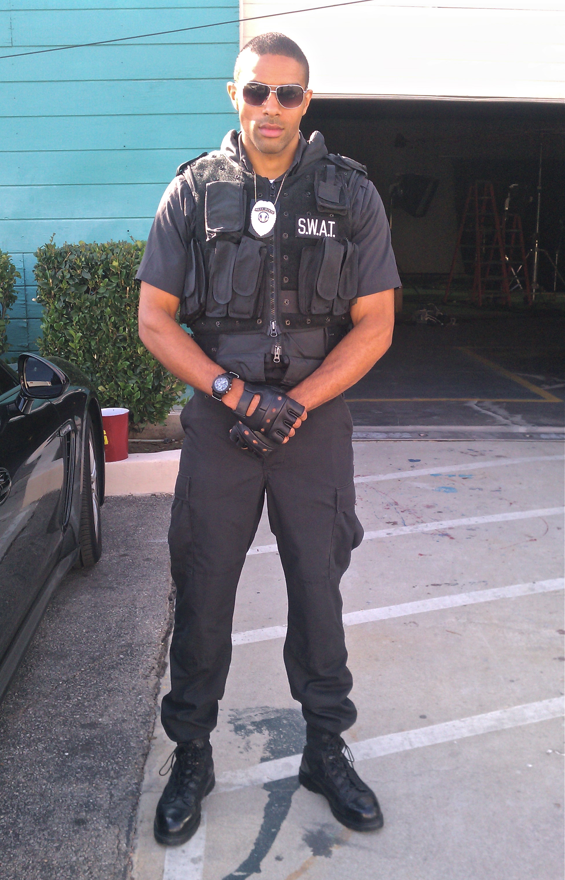 Backstage on set as Cop for Femme Fatale Tour TV Documentary