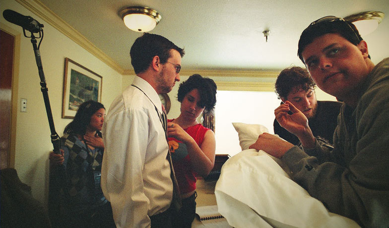 The crew gets ready for the infamous hotel lobby scene featuring guest star Jay Wertzler.