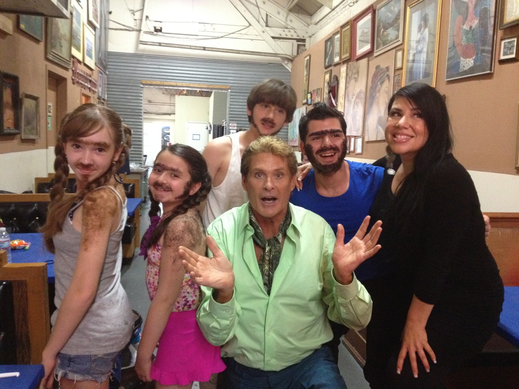 Holly with Davis Hasselhoff and cast at the Lean Pockets commercial 