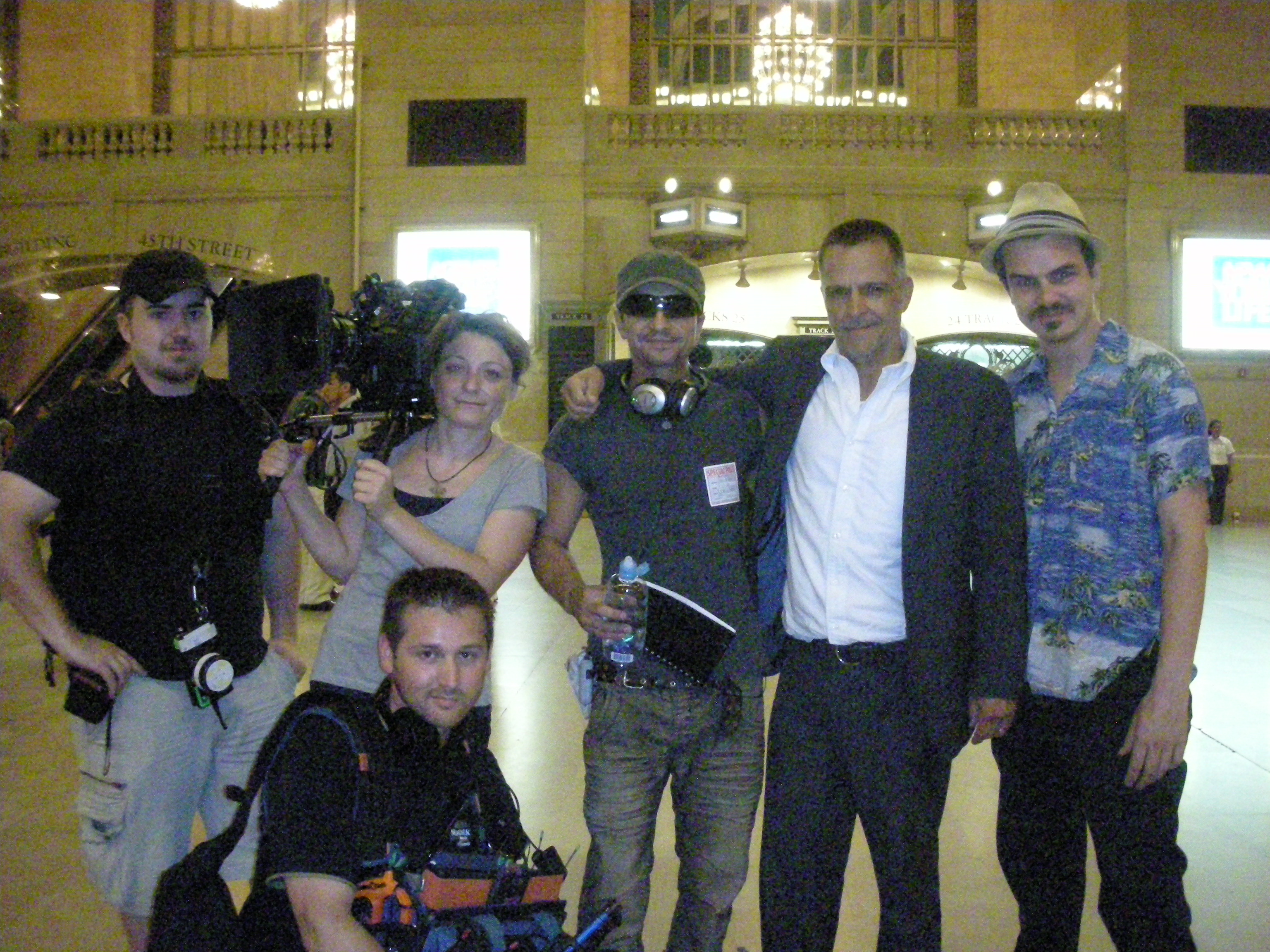 Jon Osman, James Russo, Yang Miller, Valentina Caniglia, Nikolas Zasimczuk, Alex Peterson on the set at Grand Central Station for 'The Terrorist'.