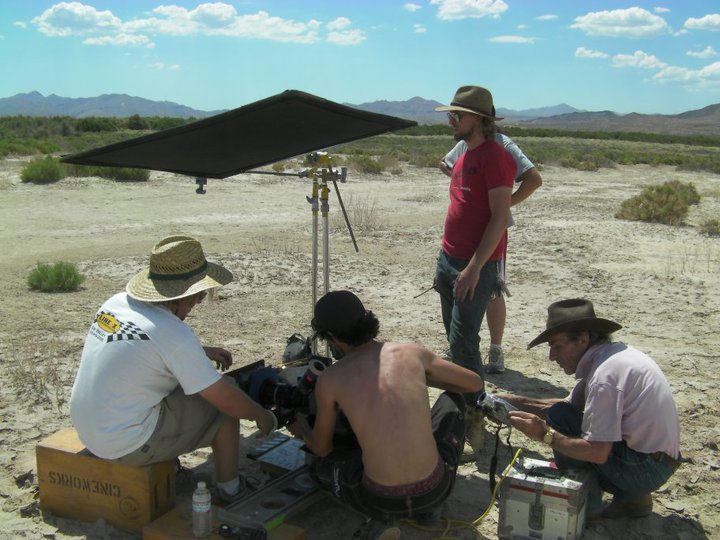 Mojave Desert filming FOUR WINDS, pictured: Mario Contini DP, Evan Wilhelm 1st AC, Kelvin Crumplin Producer