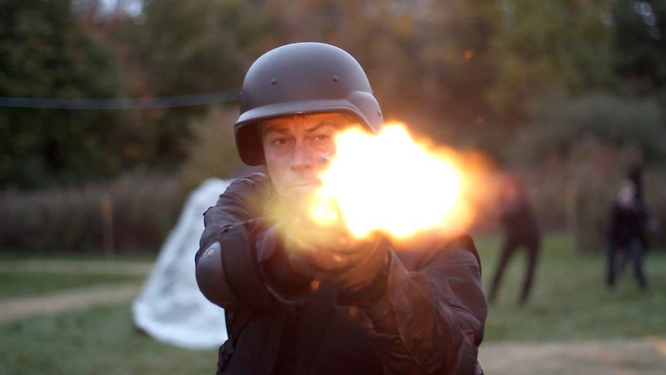 Still shot from the feature film BRAVO 1. Coming soon. 10-21-13. Blank firing 9mm got a great work out.