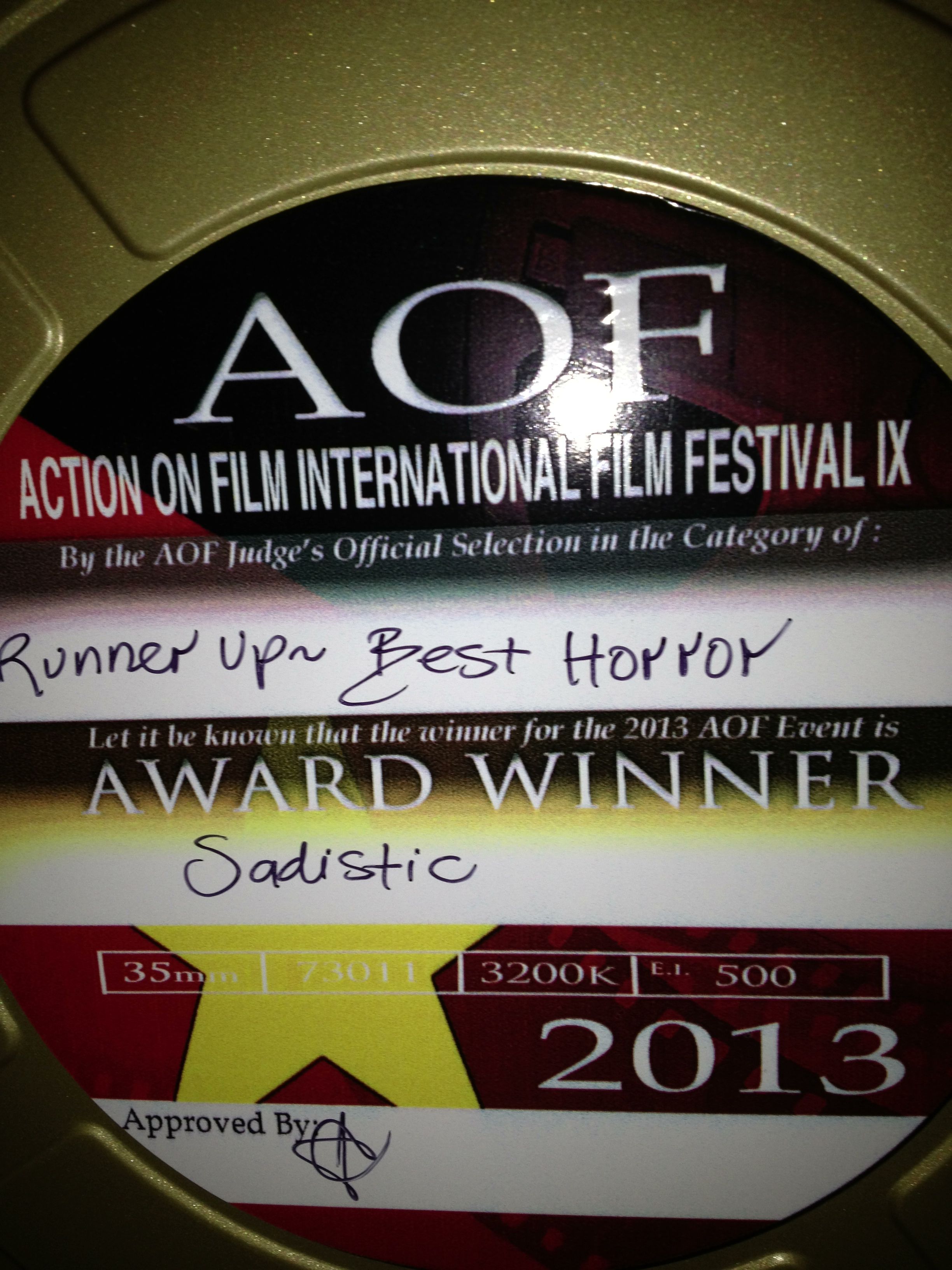 Runner Up Award for Best Horror Feature Screenplay at 2013 Action on Film Festival