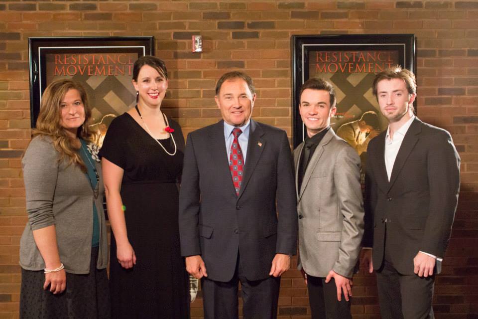 Governor Gary Herbert with writer/director Kathryn Moss, and cast members Joseph Branca, Dashiell Wolf, and Jennifer Finlay Williams