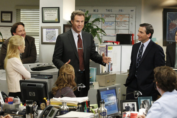 Still of Will Ferrell, Steve Carell, Jenna Fischer, John Krasinski, Angela Kinsey and Brian Baumgartner in The Office (2005)