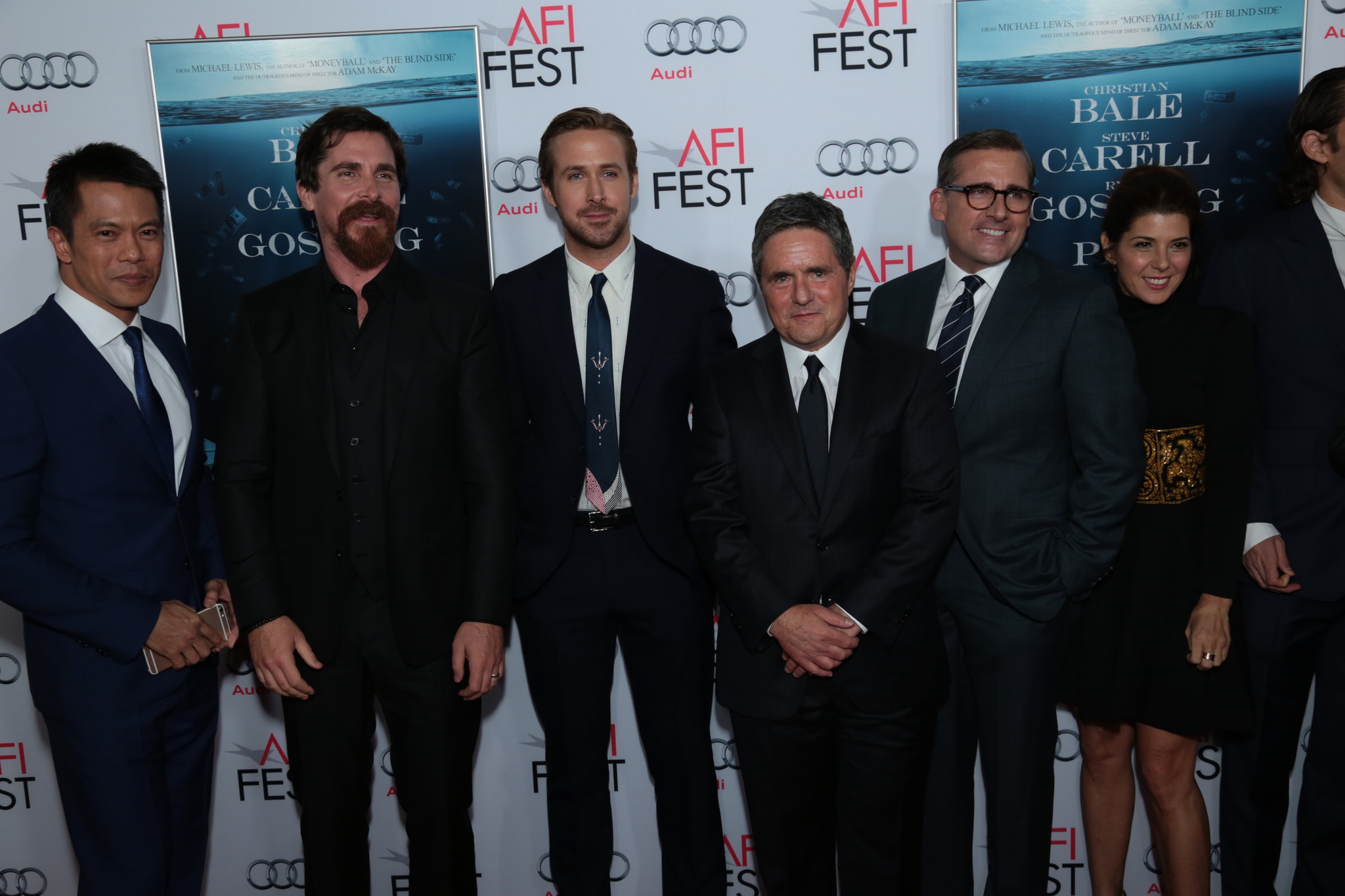 Christian Bale, Marisa Tomei, Steve Carell, Ryan Gosling, Brad Grey and Byron Mann at event of The Big Short (2015)