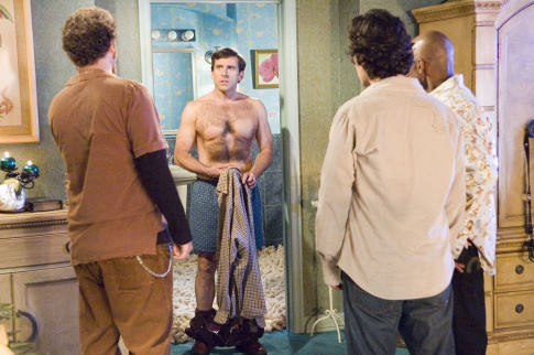 Still of Steve Carell, Romany Malco, Seth Rogen and Paul Rudd in The 40 Year Old Virgin (2005)