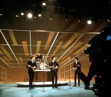 The Beatles ( John Lennon, Ringo Starr, George Harrison, Paul McCartney rehearsing for the Ed Sullivan Show,