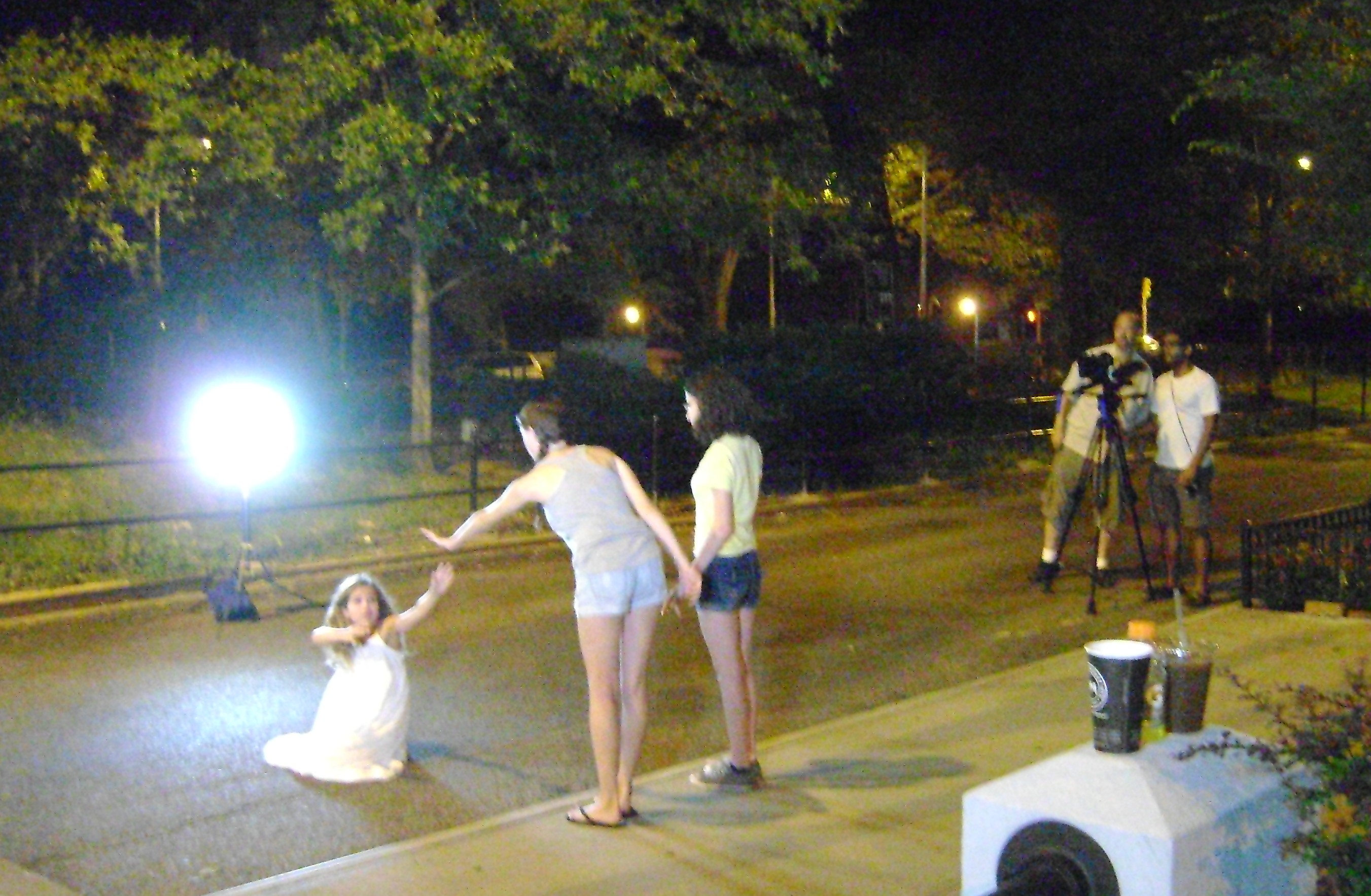 'Mercy Mercy Me' web series night shoot w/Director Mark Cabaroy, Producer Maria Rusolo & actresses Bridget M Clark & Emma L. Leila as Weeping Willow about to be run down by a car.
