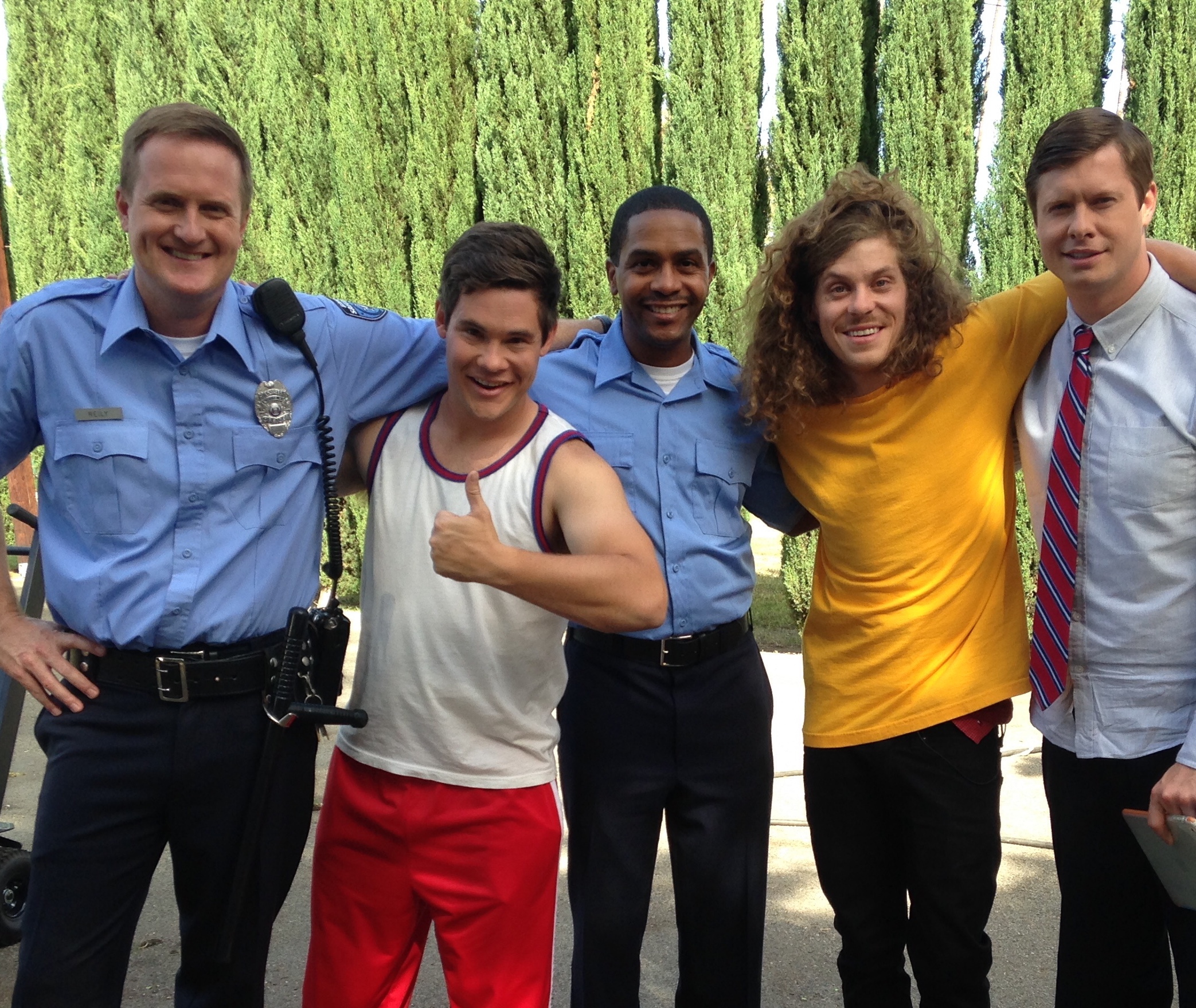 Matt Knudsen, Adam Devine, Rolando Boyce, Blake Anderson and Anders Holm on the set of Workaholics.